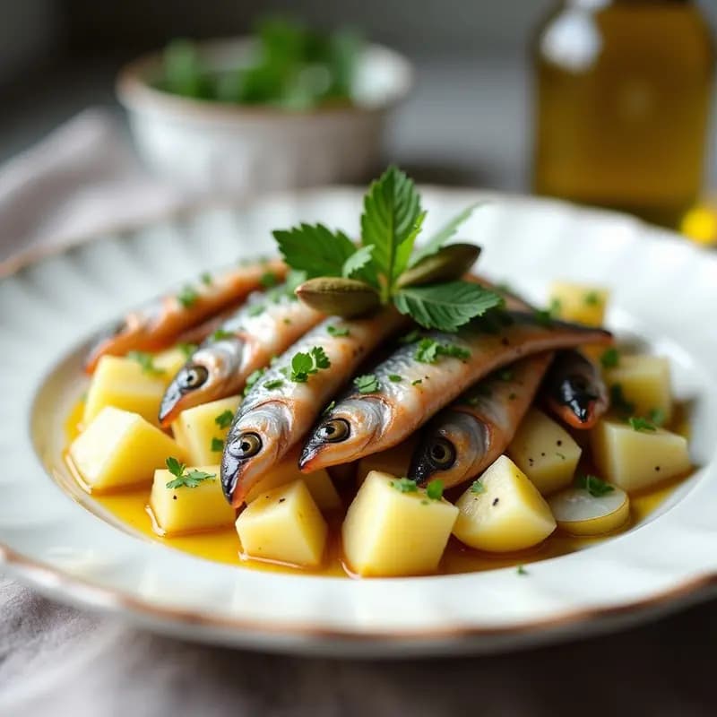 Plato blanco rústico con boquerones en vinagre marinado, acompañados de cubos de patata cocida y cebolla en juliana. Decorado con perejil fresco y hojas de laurel, con un hilo de aceite de oliva virgen extra. Entrante andaluz fresco y bajo en calorías.