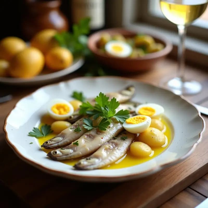Plato blanco rústico con boquerones en vinagre marinados, rodajas de patata cocida y cuartos de huevo duro. Decorado con perejil fresco y aceite de oliva, típico de la tapa andaluza refrescante.