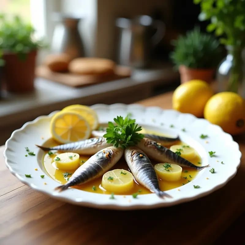 Plato blanco con boquerones en vinagre marinados y rodajas de patatas cocidas, decorados con perejil fresco, cebolla morada y gajos de limón. Receta malagueña fresca y fácil de boquerones en vinagre con patatas.