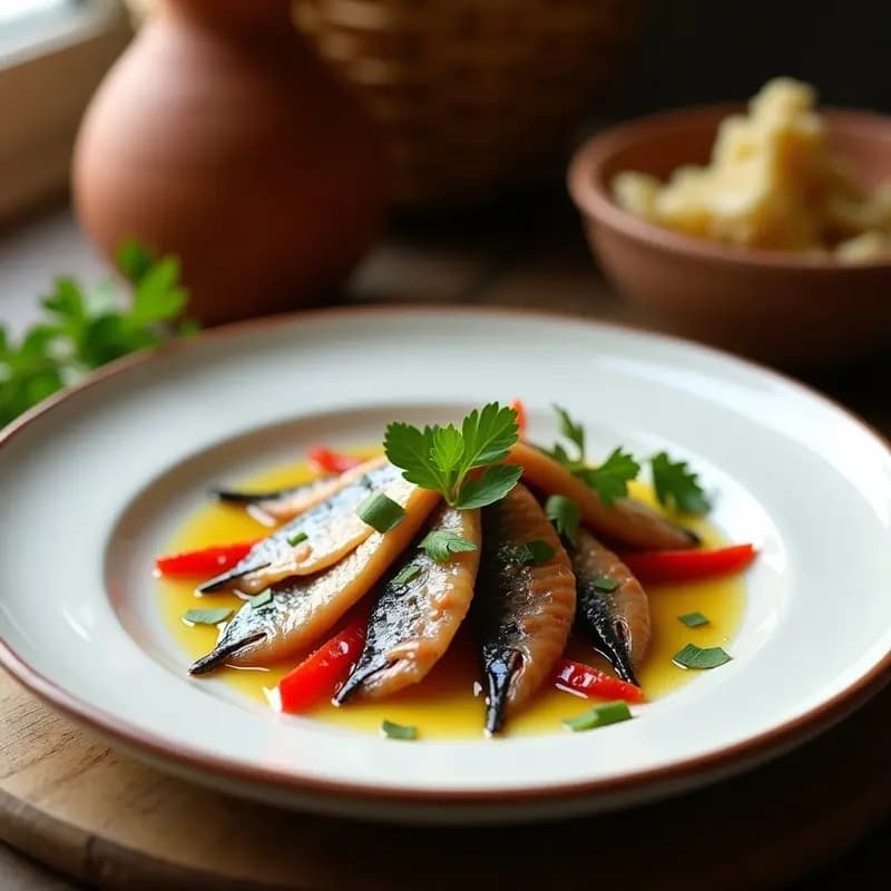 Plato blanco rústico con boquerones en vinagre marinado, acompañados de tiras de pimientos asados rojos, ajo picado y perejil fresco. Receta andaluza sin cocción, fresca y ligera.