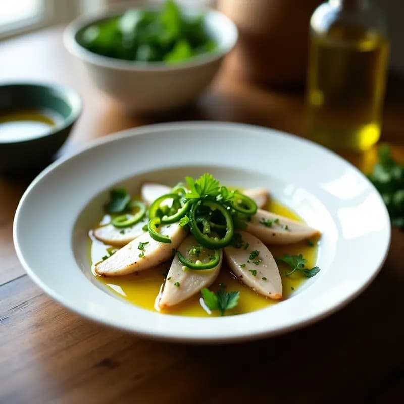 Plato blanco con boquerones en vinagre marinados, acompañados de tiras de pimientos verdes, ajo picado y perejil fresco, bañados en aceite de oliva. Entrante andaluz fresco y sin cocción sobre fondo rústico.