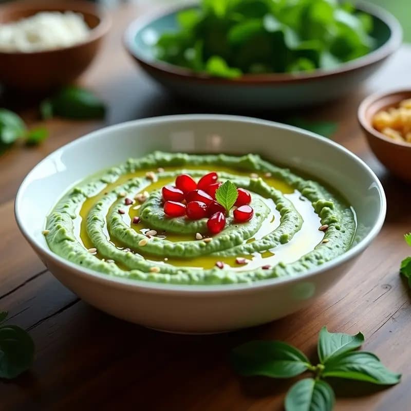 Cuenco de cerámica blanca con Borani de espinacas y yogur afgano, decorado con semillas de granada y sésamo tostado, sobre fondo rústico de madera con hierbas frescas.