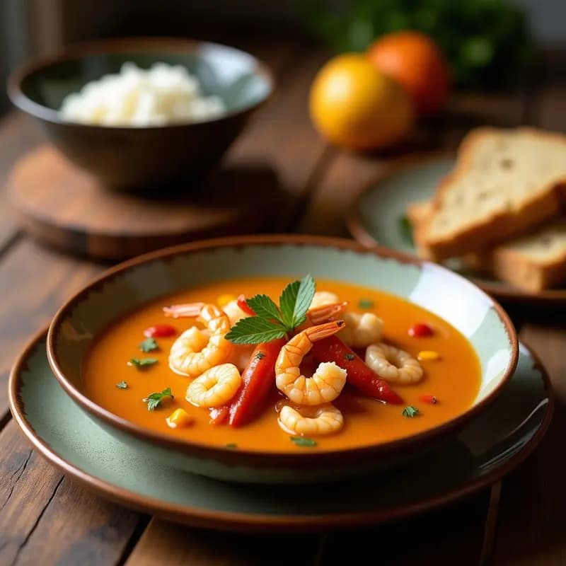 Cazuela de barro humeante con Borbón de Camarones y Yuca, una sopa colombiana cremosa con leche de coco, trozos de yuca, camarones rosados y cilantro fresco, servida sobre una mesa de madera rústica.
