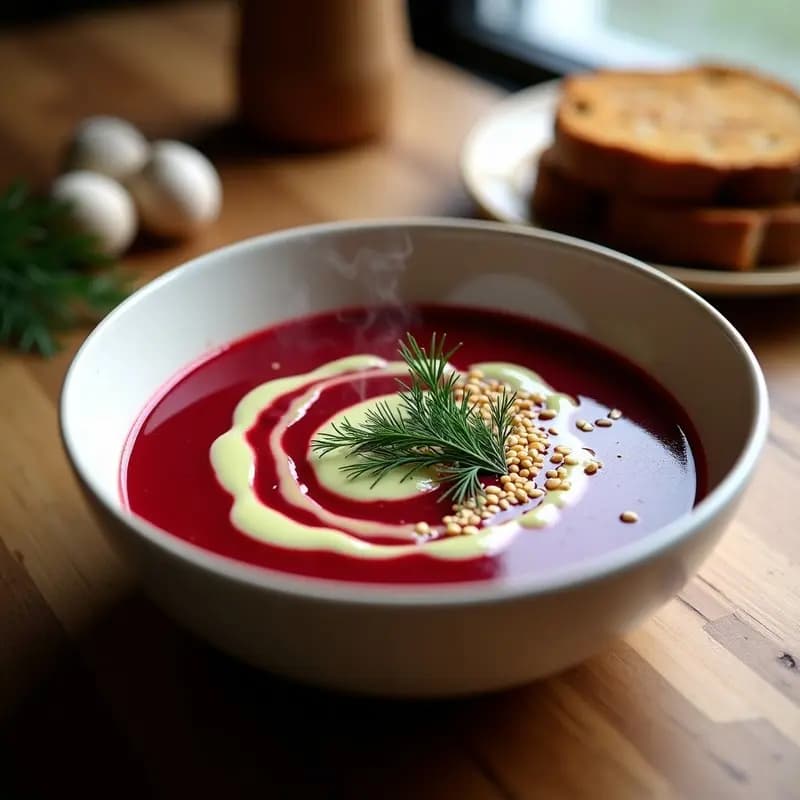 Cuenco hondo de cerámica blanca con Borch de Remolacha y Zanahoria, sopa rusa reconfortante de color rojo intenso, coronada con crema de eneldo blanca y decorada con hojas frescas de eneldo y semillas de sésamo tostado. Fondo rústico con pan de centeno.