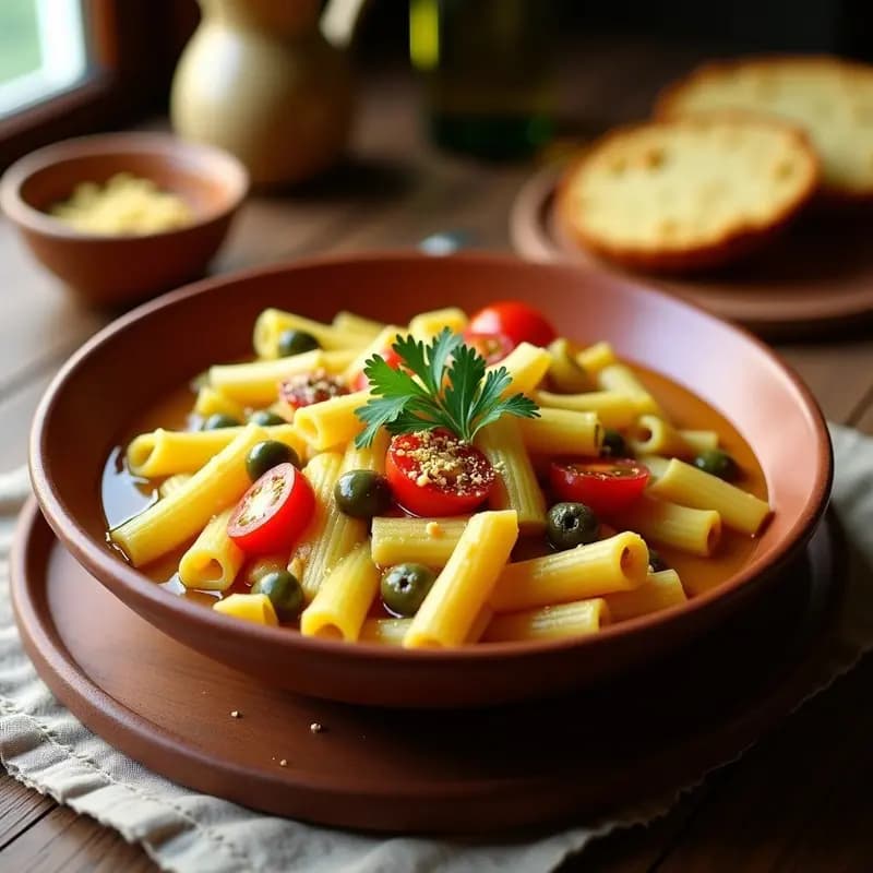 Plato hondo de barro con borda de pasta integral, alcachofas doradas y trozos de tomate, bañadas en un caldo aromático de azafrán. Decorado con aceitunas verdes, alcaparras y un hilo de aceite de oliva. Fondo rústico con pan de maíz.