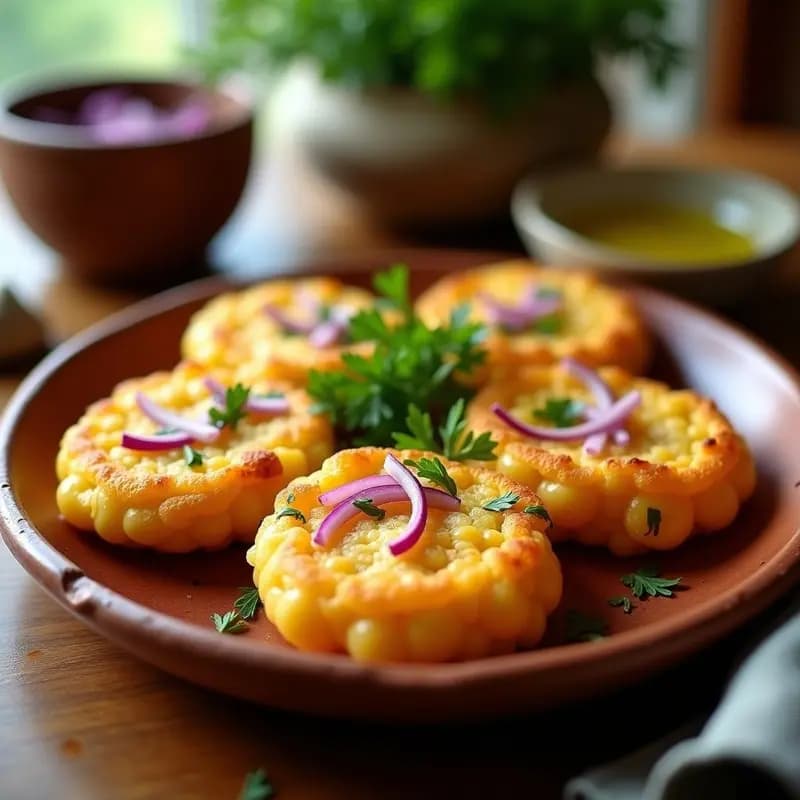Boredas de maíz con queso fresco, aperitivo portugués dorado y crujiente, servidas en plato rústico de barro con hierbas frescas y aceite de oliva.