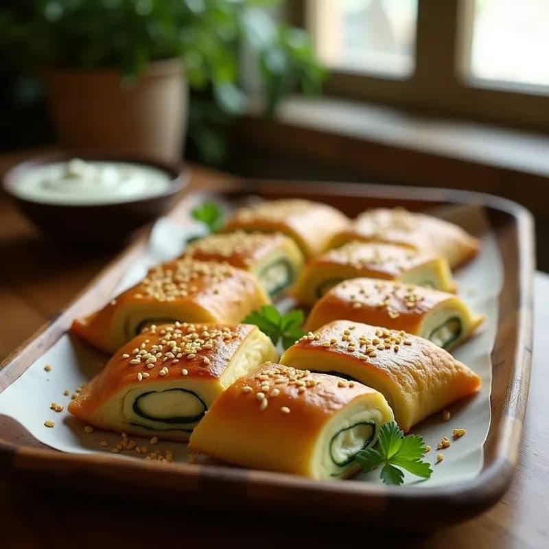 Borek de calabacín y queso ricotta sin masa, horneado en molde cuadrado, dorado por encima con semillas de sésamo, cortado en porciones cuadradas y servido en plato de cerámica blanca con rodaja de limón y hierbas frescas al lado.
