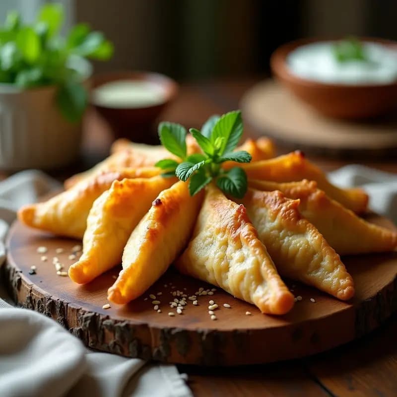 Bandeja de horno con borek de espinacas y queso halloumi dorados, cortados en porciones, mostrando capas de masa filo integral crujiente y relleno cremoso. Espolvoreados con semillas de sésamo y acompañados de hojas de perejil fresco.
