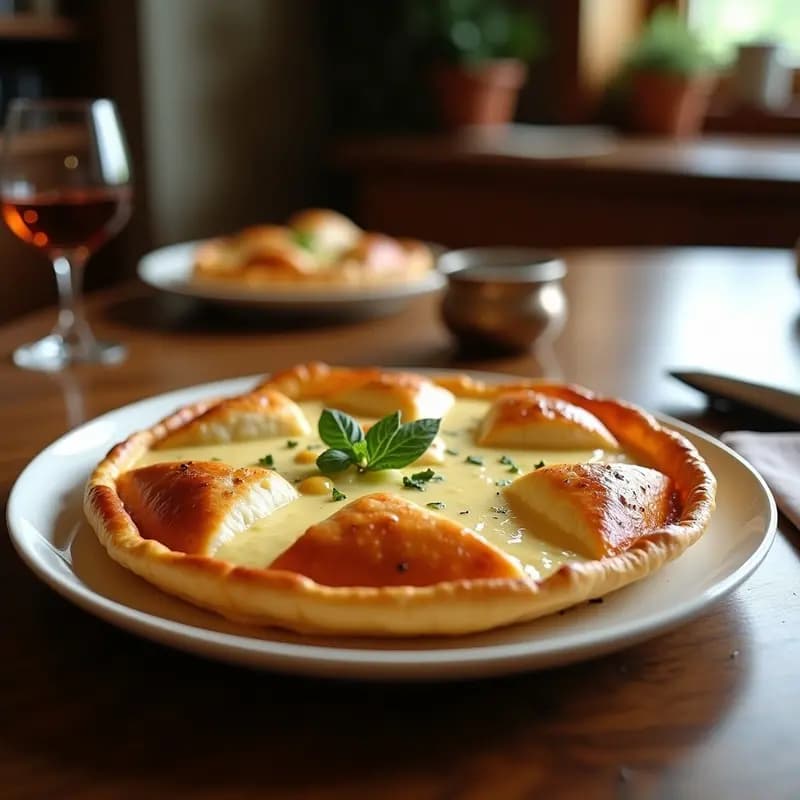 Börek de espinacas y queso beyaz dorado y crujiente, servido en un plato de cerámica blanca con rodajas de limón y hierbas frescas, receta turca sin horno.