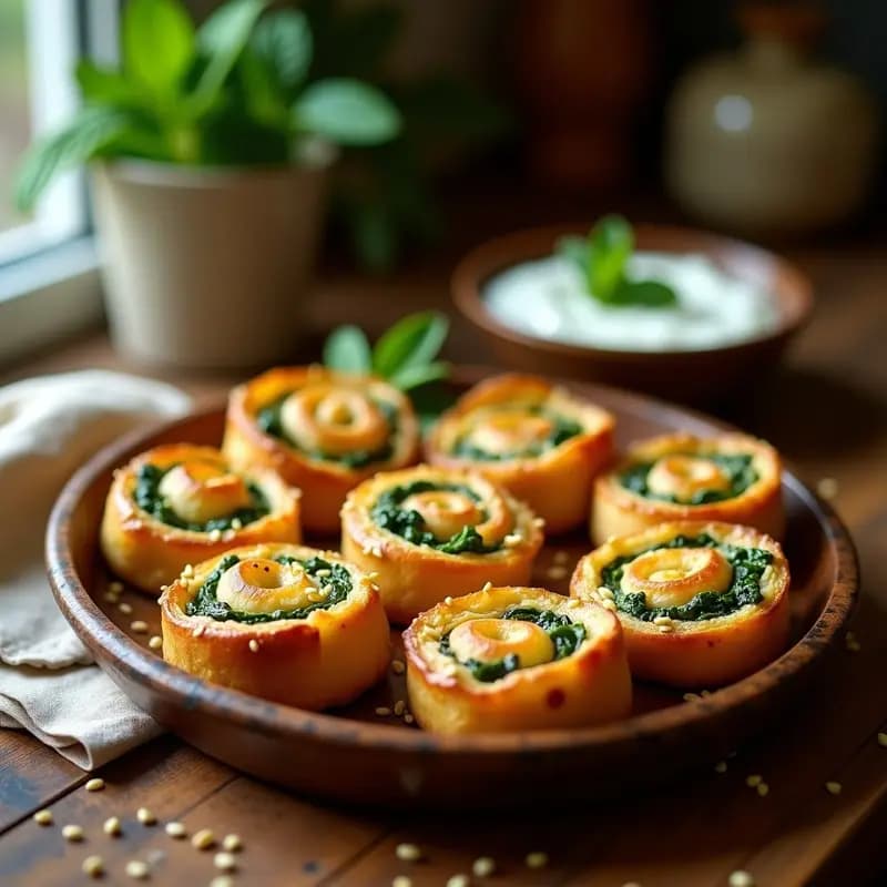 Börek de espinacas y queso de soja al horno: espirales doradas y crujientes de hoja de yufka rellenas de espinacas verdes y queso de soja cremoso, servidas en una bandeja de madera con semillas de sésamo tostadas.