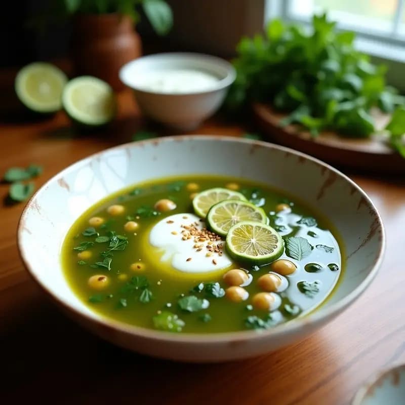 Cuenco hondo de cerámica blanca con Boresh Iraní, sopa persa de espinacas frescas y limón seco, decorada con yogur griego, rodajas de limón seco y semillas de sésamo tostadas. Fondo rústico con hierbas frescas y especias al lado.