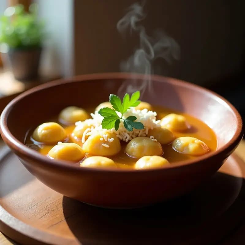 Plato hondo de barro con Bori Bori Paraguayo: sopa espesa con albóndigas de mandioca doradas, trozos de pollo, huevo en hilo y queso fresco desmenuzado, decorado con perejil fresco.