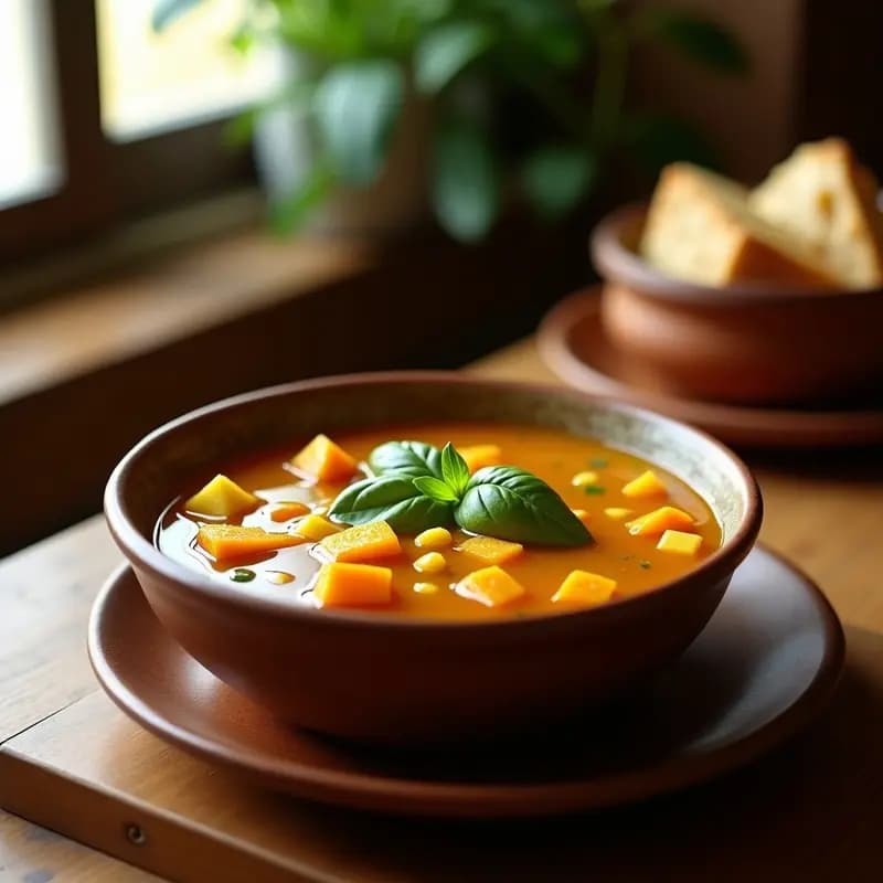 Olla de barro humeante con Bori Bori Paraguayo: caldo dorado de verduras y albahaca, bolitas de maíz amarillas flotando, trozos de calabaza y zanahoria, decorado con hojas de albahaca fresca.