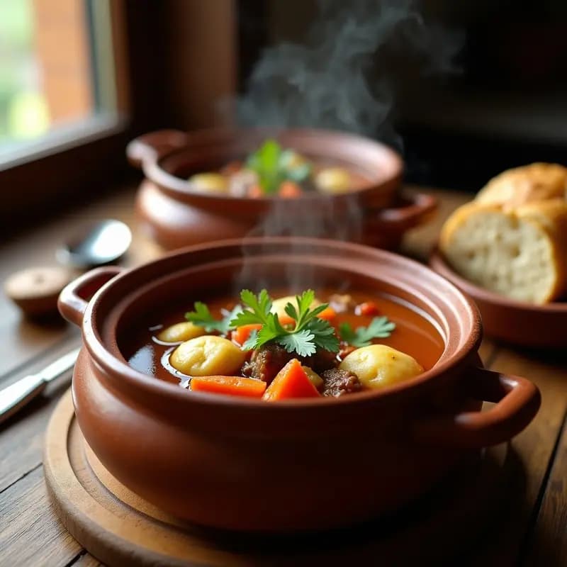 Olla de barro humeante con Bori Bori Paraguaya: sopa espesa de caldo de carne dorado, albóndigas de mandioca esponjosas, zanahoria, pimiento y cilantro fresco, servida en cuencos de cerámica rústica.