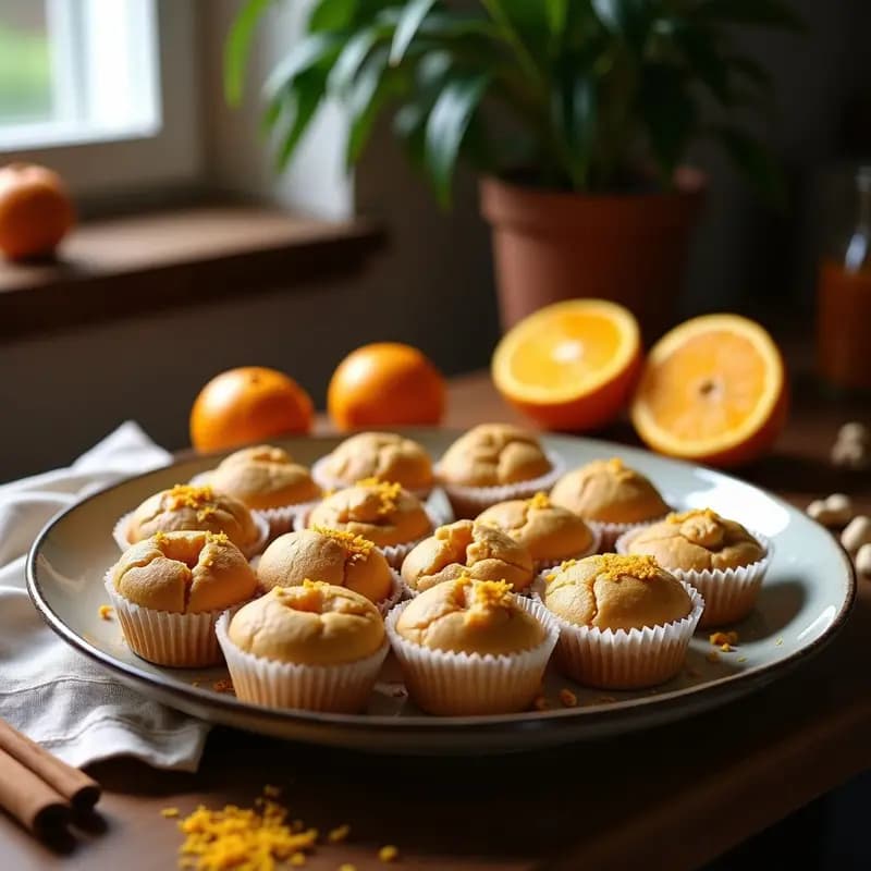 Borneos veganos de canela y nuez moscada con toques de naranja, servidos en cápsulas de papel sobre una mesa rústica de madera, con virutas de naranja y anacardos picados como decoración.
