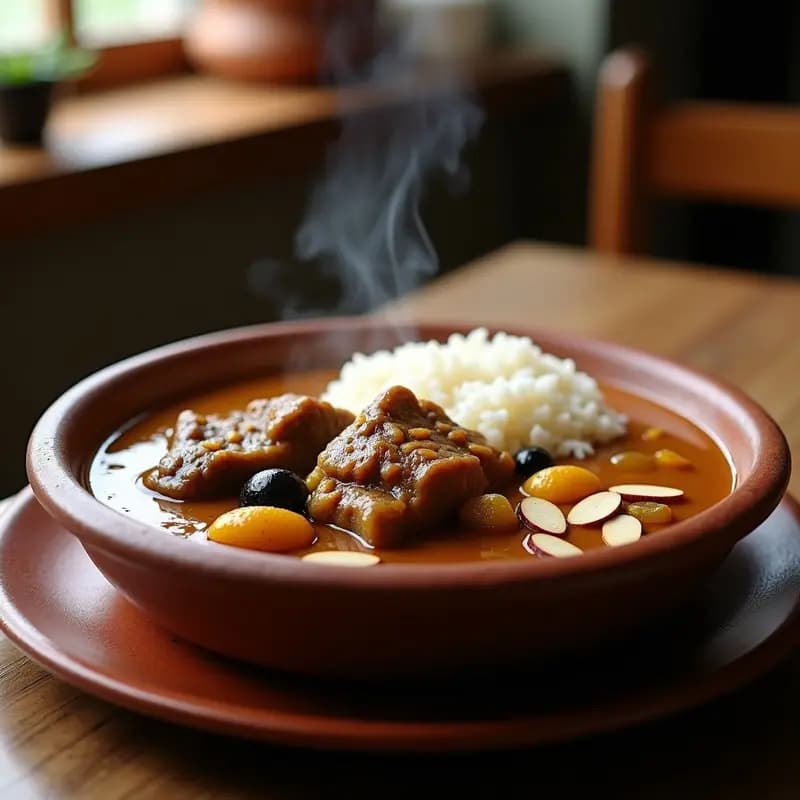 Plato hondo de barro con borrego al chilindrón, trozos de carne dorada bañados en salsa espesa de color ámbar con aceitunas negras y pasas visibles, acompañado de arroz blanco y decorado con almendras fileteadas.