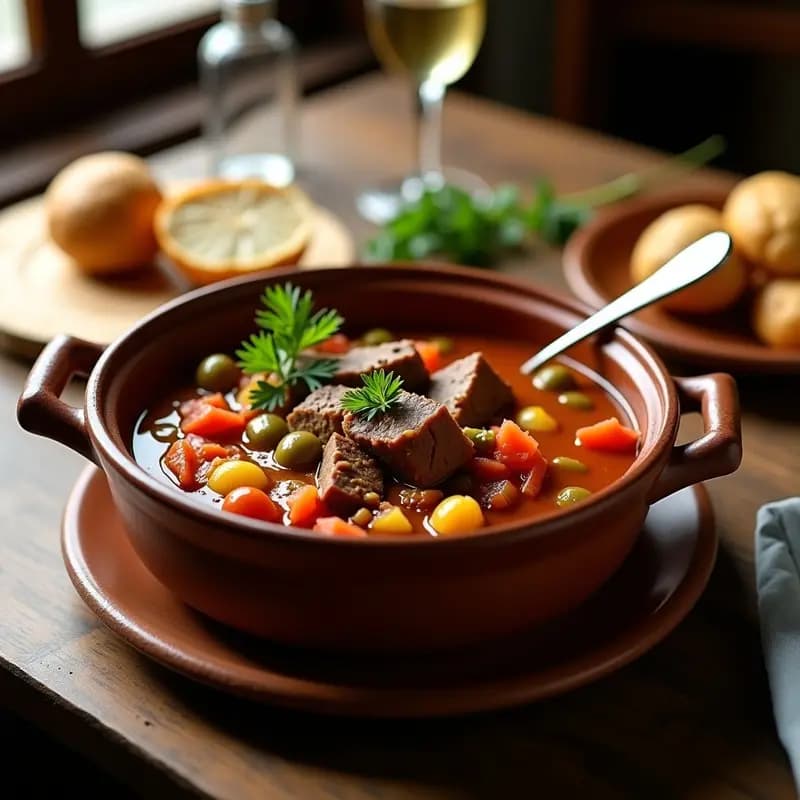 Plato hondo de barro con borrego al chilindrón, trozos de carne de borrego deshuesada bañados en salsa espesa de pimientos choriceros, acompañados de patatas doradas y aceitunas verdes. Decorado con perejil fresco y un chorrito de aceite de oliva virgen extra.