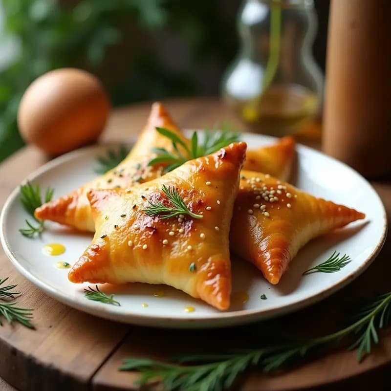 Plato blanco con borrek de queso vegano y hierbas dorados y crujientes, servidos en forma de triángulo con semillas de sésamo espolvoreadas, sobre fondo rústico de madera con hierbas frescas de eneldo y menta.