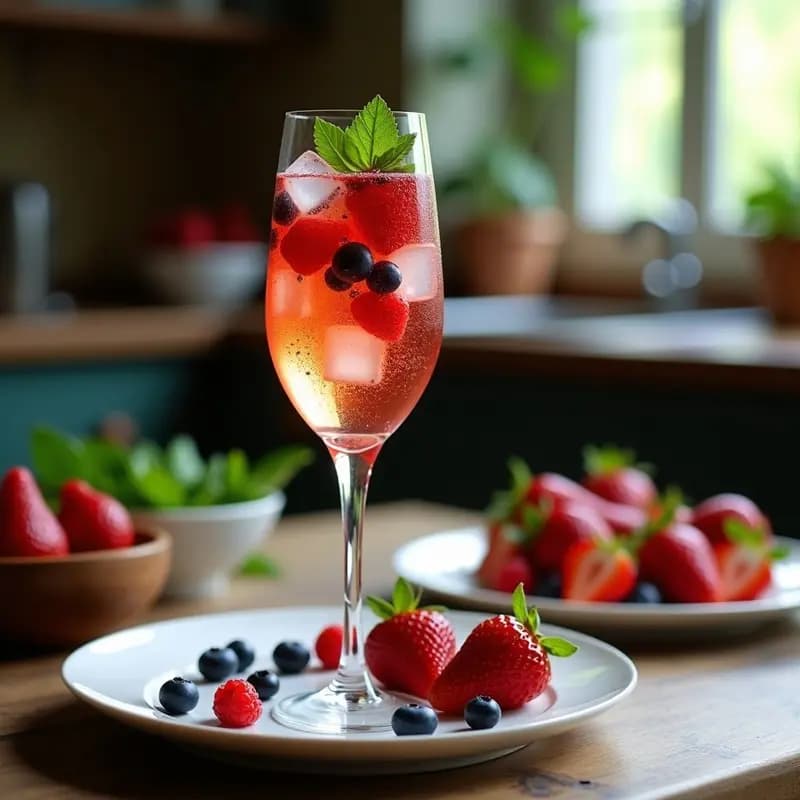 Copa de cava alta y elegante con borrell de frutas del bosque, llenas de fresas, arándanos y frambuesas maceradas, hielo brillante y hojas de menta fresca, sobre fondo rústico con luz natural.