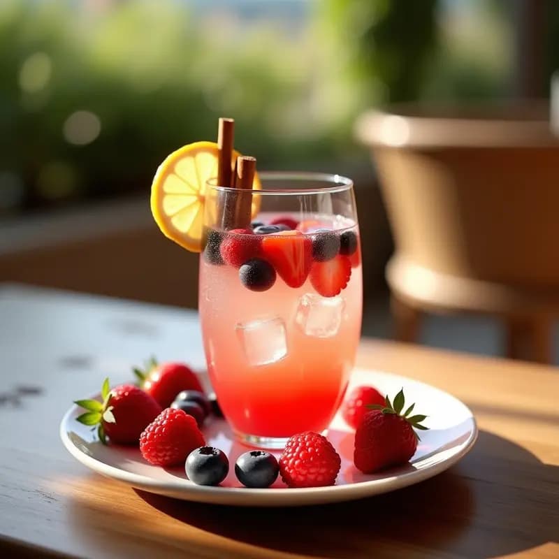 Copa ancha de cristal con borrell de cava con frutas rojas, fresas, frambuesas y arándanos flotando, hielo brillante, rodaja de limón y rama de canela como decoración, fondo de terraza veraniega con luz dorada.