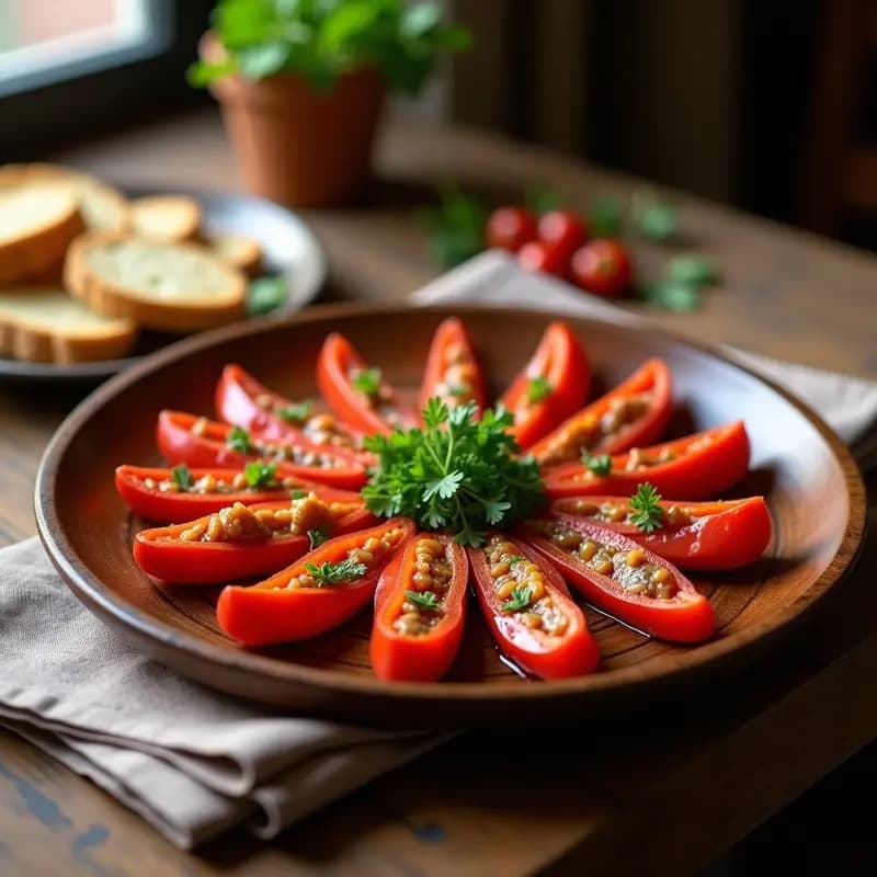 Fuente de madera con borrelles de anchoa y pimiento, enrollados y dispuestos en círculo, bañados en vinagreta de aceite y ajo, decorados con perejil fresco. Tapa tradicional catalana lista para servir.