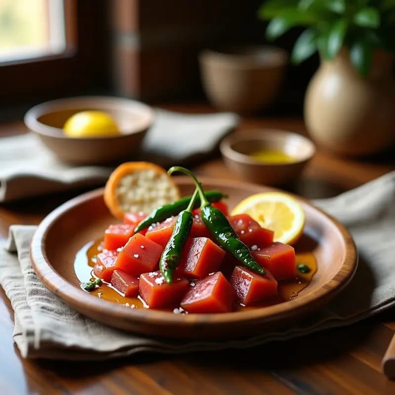 Tapa vasca de borrellhico con atún fresco en trozos, pimientos del padrón asados y especias, servida en plato de madera con pan rústico al lado.