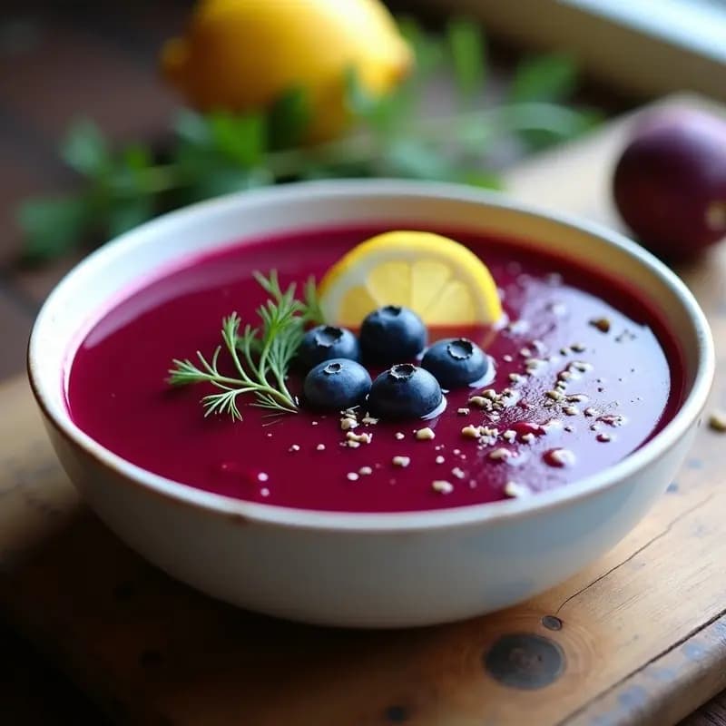 Cuenco blanco con Borscht frío de remolacha y arándanos, sopa rusa vegana de color vibrante rosa-morado, decorada con yogur de soja, arándanos frescos, eneldo picado y cubitos de hielo, servida sobre una mesa de madera rústica con fondo desenfocado.