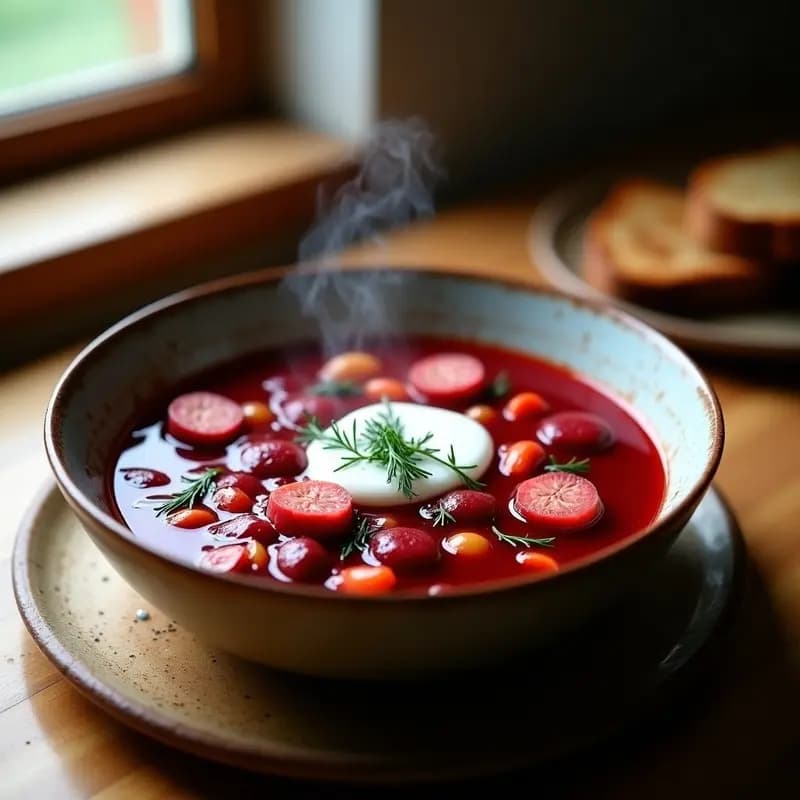 Cuenco hondo de barro con borscht polaco de color rojo intenso, chorizo ahumado en rodajas, crema agria blanca en el centro y eneldo fresco espolvoreado. Plato tradicional reconfortante con pan de centeno al lado.