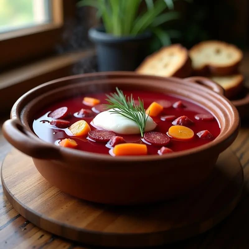 Olla rústica de barro con Borscht Polaco con Salchicha Kielbasa, sopa espesa de remolacha rojo intenso con rodajas de salchicha dorada, patatas y zanahorias. Acompañada de crema agria y eneldo fresco, servida en cuenco de cerámica sobre mesa de madera con pan de centeno.