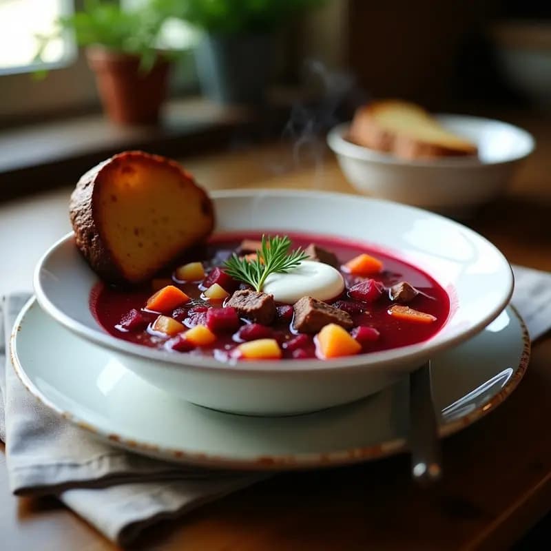 Plato hondo de cerámica blanca con borscht ucraniano de remolacha y carne, caldo rojo intenso con trozos de carne, remolacha, zanahoria y patata. Acompañado de rebanadas doradas de pan de centeno tostado y un toque de crema agria blanca con eneldo fresco espolvoreado. Receta tradicional en olla lenta.