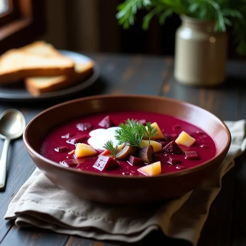 Tazón hondo de cerámica blanca con borscht de remolacha y champiñones vegano, de color rojo intenso, decorado con eneldo fresco y acompañado de pan de centeno tostado. Receta ucraniana en olla exprés.