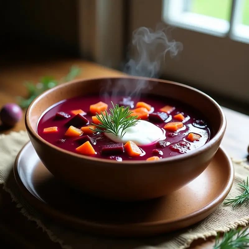 Cuenco de barro humeante con borscht ucraniano de remolacha y eneldo, sopa depurativa y sin lactosa, decorado con yogur de coco y hojas de eneldo fresco sobre fondo rústico.