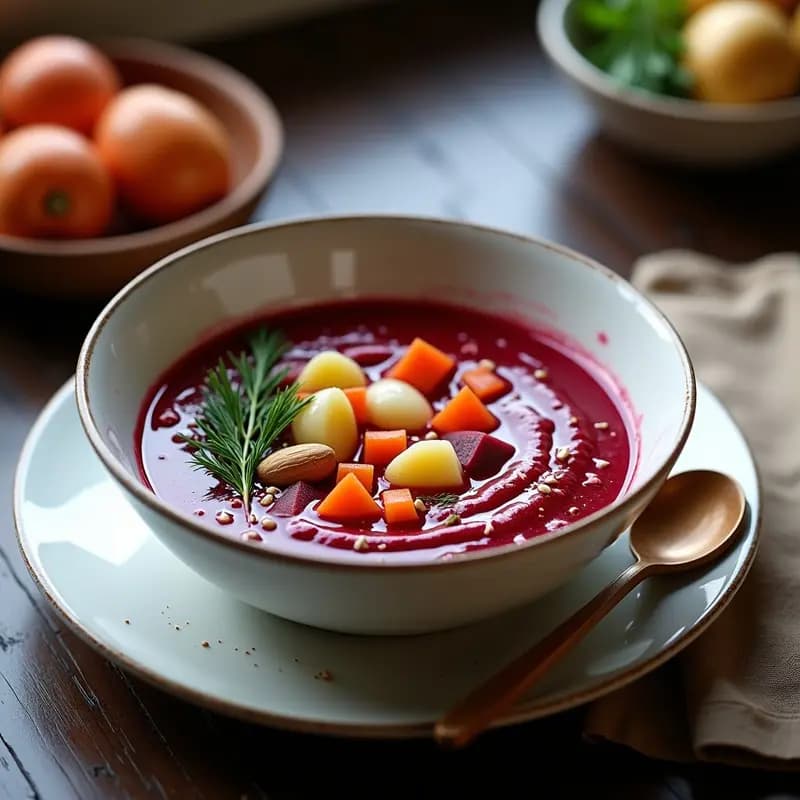 Plato hondo de cerámica blanca con Borscht Ucraniano de Remolacha y Horchata de Almendras vegano, decorado con eneldo fresco y perejil, sobre fondo rústico de madera con cucharón de madera.