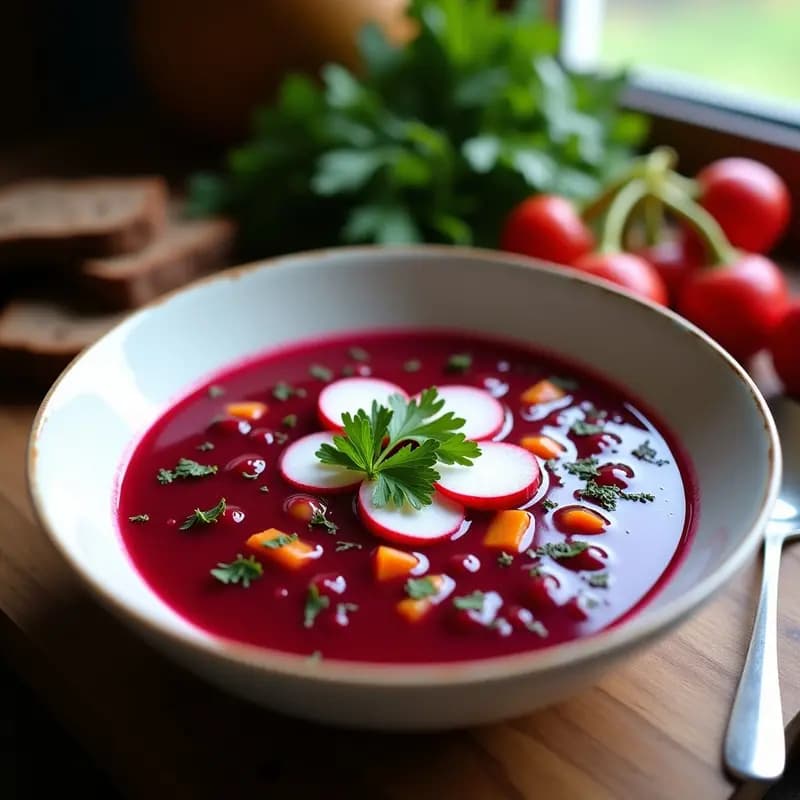 Cuenco de cerámica blanca con Borscht de Remolacha y Rábanos depurativo, vibrante color rojo intenso, decorado con rodajas de rábano, hojas de eneldo y perejil fresco, sobre fondo rústico de madera con trozos de pan de centeno.