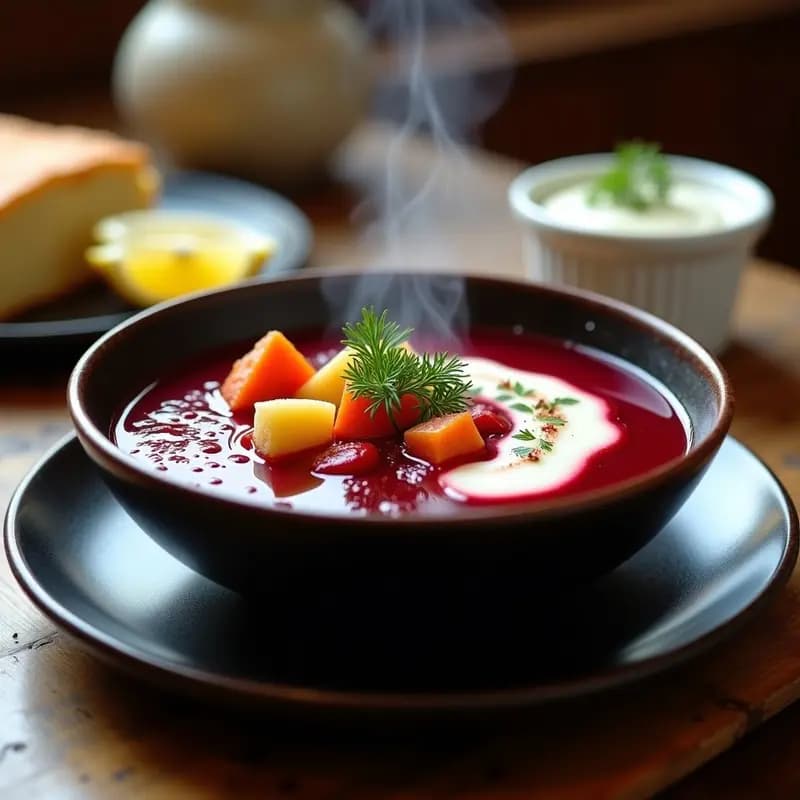 Cuenco hondo de cerámica oscura con borscht úcrano vegano de remolacha, color rojo intenso, decorado con smetana vegana blanca en espiral, eneldo fresco y un hilo de aceite de oliva. Fondo rústico con pan de centeno tostado.