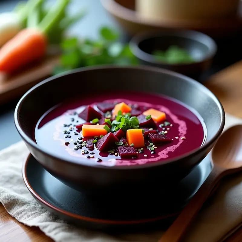 Plato hondo de cerámica oscura con Borscht Ucraniano con remolacha y sopa de miso, fusión eslava-japonesa. Sopa de color morado intenso con trozos de remolacha asada, zanahoria, col morada y algas wakame. Decorado con semillas de sésamo negro y cebollino fresco. Fondo rústico con mantel de lino.