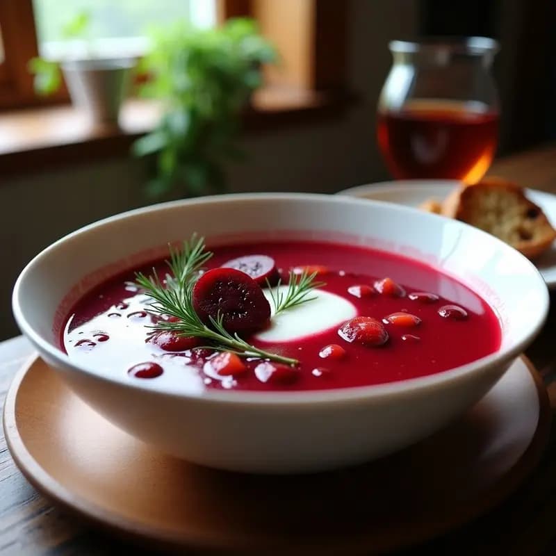 Tazón hondo de cerámica blanca con Borscht Rojo con Remolacha y Tomate, sopa ucraniana de color intenso, decorada con un hilo de crema agria, eneldo fresco y rodajas de remolacha asada. Fondo rústico de madera con pan de centeno tostado.