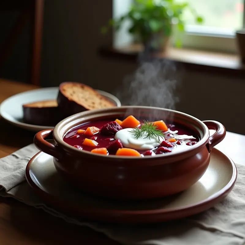 Cuenco de barro humeante con Borscht Ruso Tradicional, sopa de remolacha y carne de res en caldo oscuro, servido con rebanadas de pan de centeno tostado y crema agria espolvoreada con eneldo fresco.