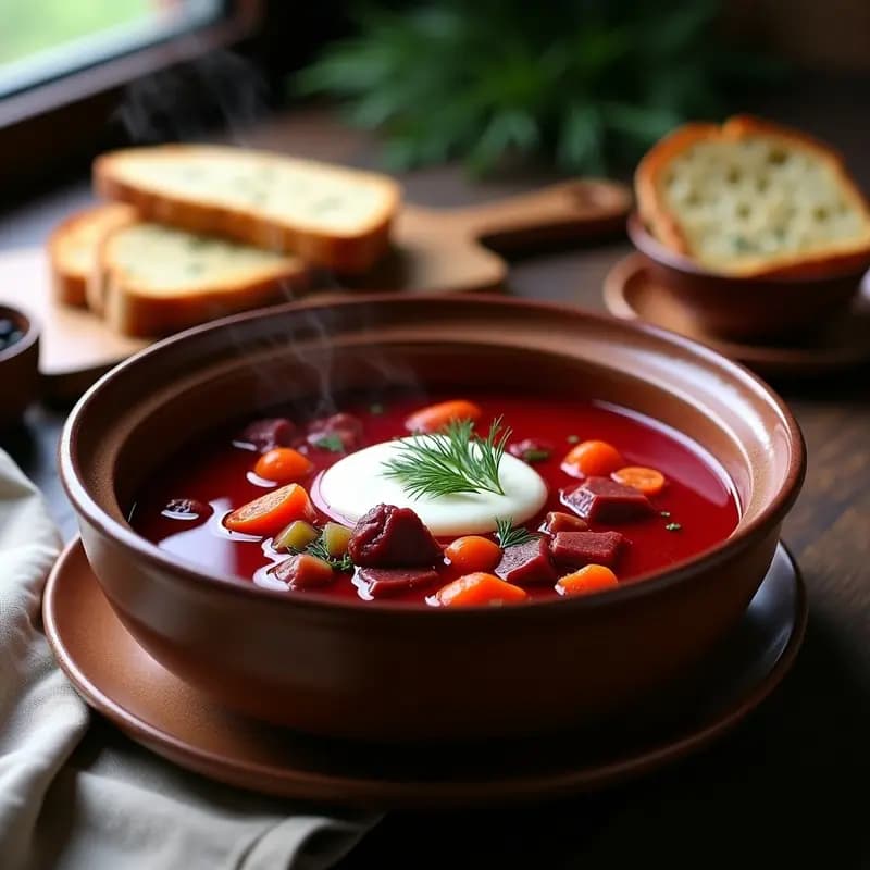 Cuenco hondo de cerámica negra con Borscht Ucraniano de caldo rojo vibrante, trozos de carne de res, remolacha fermentada y cruda, patatas y hierbas frescas. Acompañado de rodajas gruesas de pan de centeno tostado sobre una tabla de madera rústica. Fondos de cocina tradicional con luz cálida.