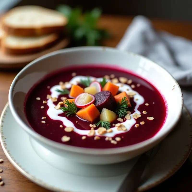 Bowl de porcelana blanca con Borscht Ucraniano frío de remolacha morada, decorado con salsa de yogur vegano en espiral, semillas de sésamo negro y hojas de eneldo fresco. Fondo rústico con pan de centeno tostado.