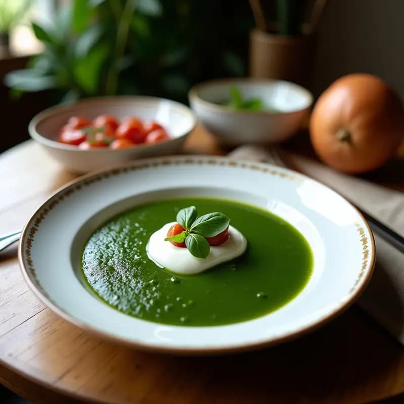 Bowl de Borscht Verde con Espinacas y Yogur de Coco, sopa ucraniana vegana de color verde vibrante, decorada con eneldo fresco y un hilo de yogur de coco, servida en un plato de cerámica blanca sobre fondo rústico de madera.