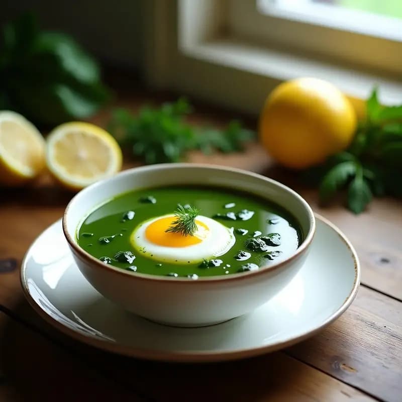 Tazón de cerámica blanca con Bortsch Verde con Espinacas y Eneldo, sopa ucraniana detox de color esmeralda intenso, decorada con hojas frescas de eneldo y perejil, acompañada de una rodaja de limón y un chorrito de aceite de oliva.