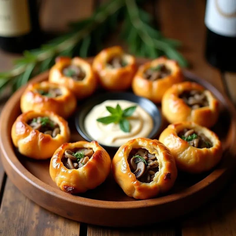 Bouchées a la Reina Veganas en bandeja de madera: volovanes dorados rellenos de mezcla de hongos shiitake y portobello con salsa blanca cremosa de anacardos, decorados con perejil fresco. Plato elegante para aperitivo gourmet argentino.