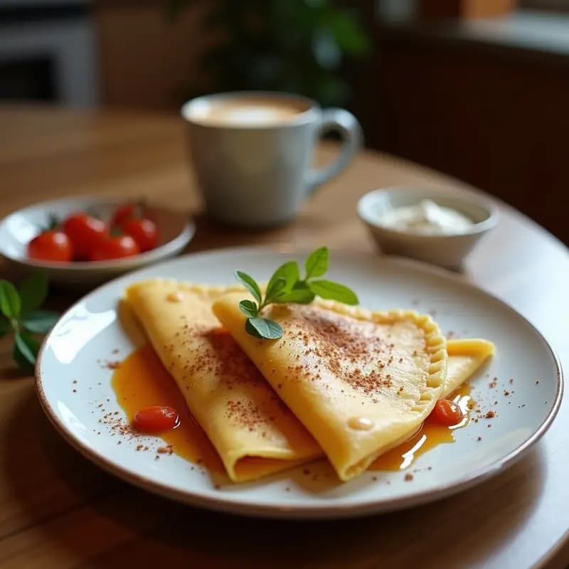 Plato blanco con bougouats argelinas de harina de garbanzo, crepes dulces sin gluten con agujeros característicos, bañadas en miel de dátil y espolvoreadas con semillas de sésamo, almendras fileteadas y canela.