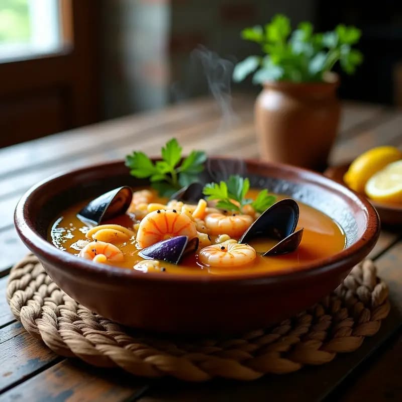 Plato hondo de cerámica oscura con bouillon de mariscos con azafrán y ñame, mostrando trozos de merluza, camarones rosados, mejillones abiertos, calamares y cubos de ñame dorado en un caldo amarillo intenso. Decorado con hojas de cilantro fresco y rodajas de limón verde al lado. Fondo rústico con textura de madera.