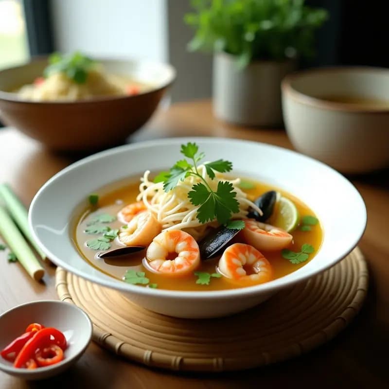 Tazón humeante de bouillon de mariscos con jengibre y citronela, sopa vietnamita detox, con mejillones, calamares y hierbas frescas en un caldo dorado y aromático.
