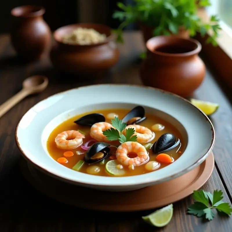 Bouillon de mariscos con limón y cilantro en un plato hondo de barro, lleno de camarones, mejillones, calamares y almejas, bañados en un caldo dorado con trozos de cebolla, apio y zanahoria. Decorado con hojas de cilantro fresco y rodajas de limón al lado.