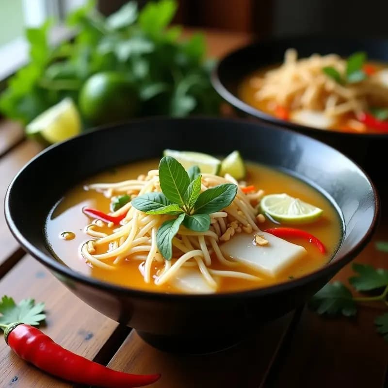 Cuenco hondo de cerámica negra con bouillon de pescado transparente, fideos de arroz blancos, trozos de merluza, brotes de soja, albahaca tailandesa y cacahuetes tostados. Fondo con hierbas frescas y rodajas de lima.