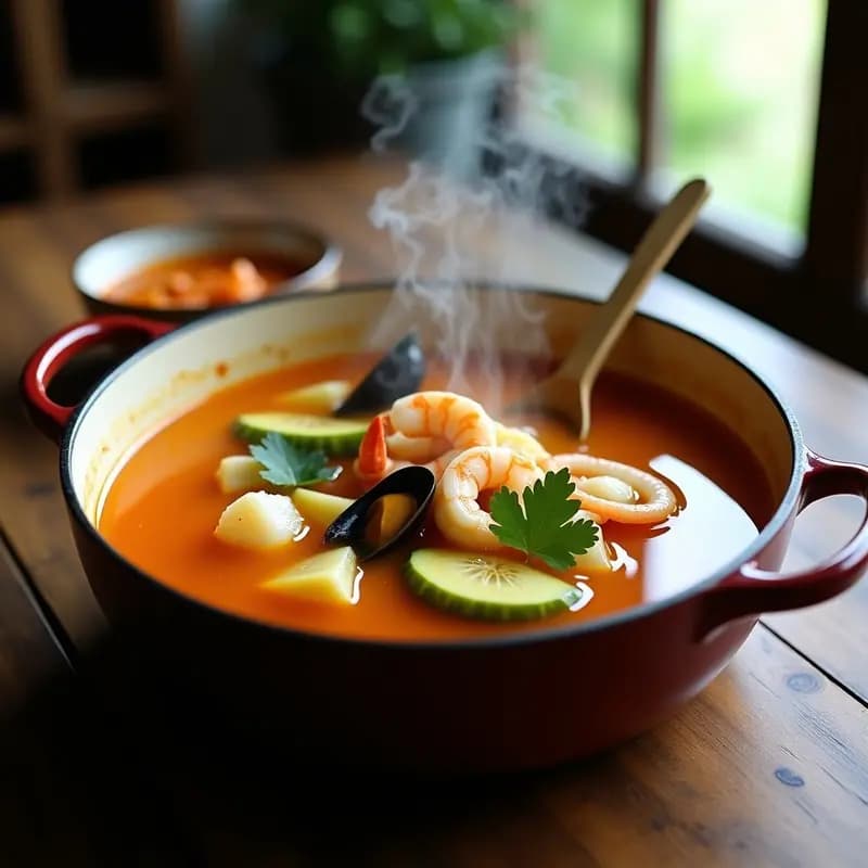 Olla de barro humeante con bouillon de pescado y mariscos colombiano, lleno de trozos de yuca, rodajas de plátano verde, camarones, mejillones y filetes de merluza, bañado en un caldo dorado por el achiote, decorado con cilantro fresco.