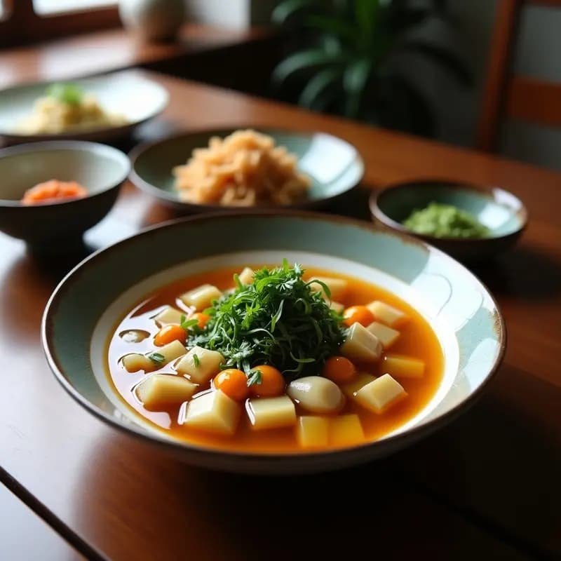 Olla de acero inoxidable con bouillon vegetal casero dorado, espumoso y aromático, rodeado de verduras frescas: zanahoria, apio, puerro y alga kombu, sobre fondo rústico de madera.